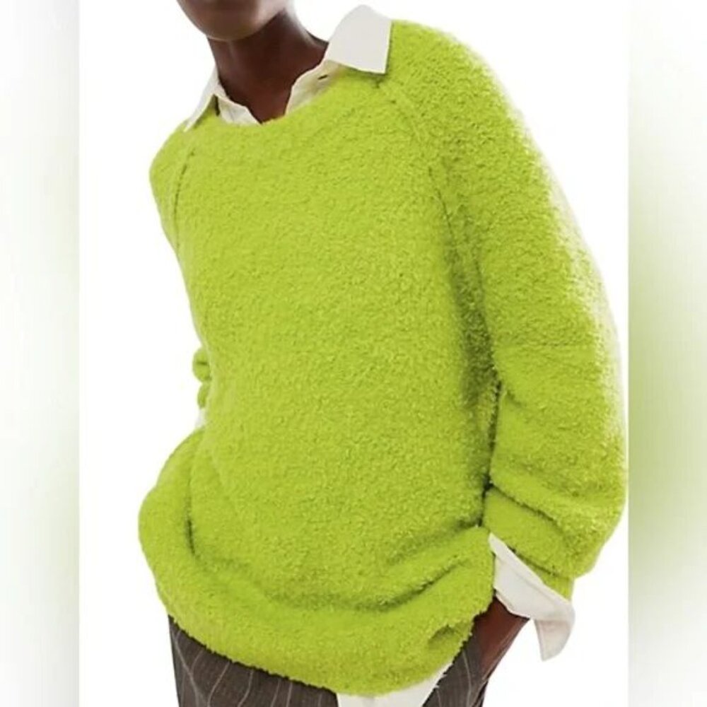 FREE PEOPLE Teddy Sweater Tunic Size L Oversized Lime Green Wool Blend Fuzzy NEW - Picture 3 of 12